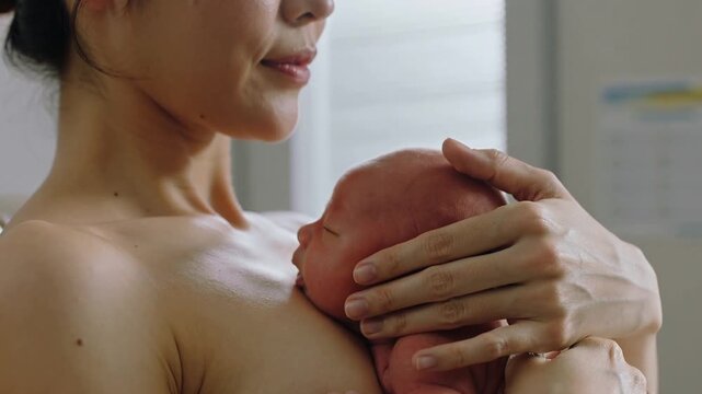 Cradling mother placing newborn, adjusting hand cupping head in postpartum room for bonding