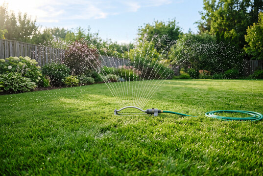 Automatic sprinkler in lawn care background watering green grass