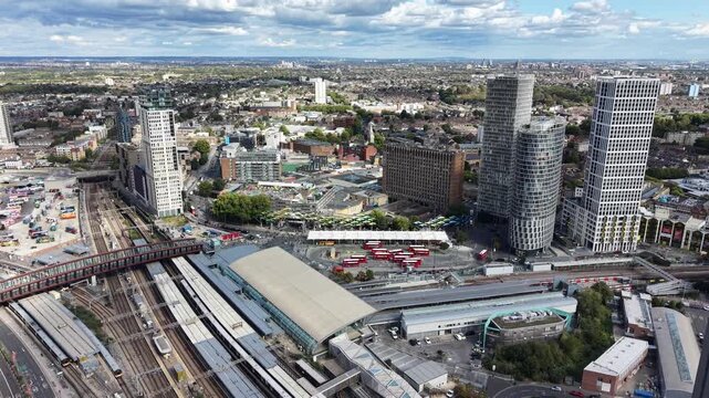 Panning drone aerial Stratford Bus Terminal East London UK
