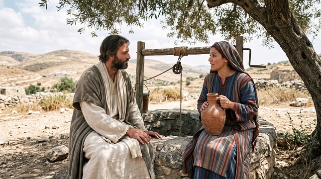 Jesus Christ converses with the Samaritan woman beside Jacob's well in the shade of an olive tree in New Testament biblical scene.