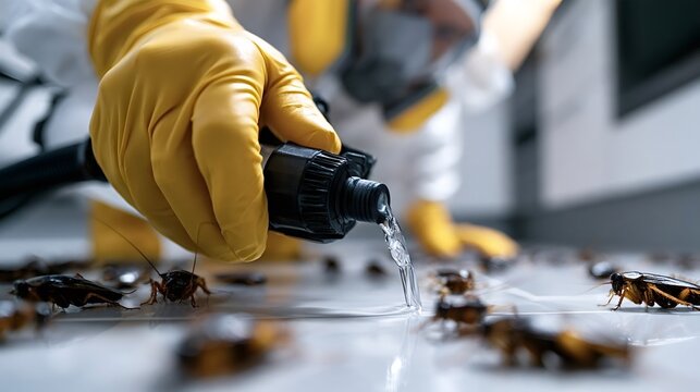 Pest control specialist in protective suit and yellow gloves applying liquid insecticide to eradicate a cockroach infestation on a white floor, ensuring hygiene and sanitation