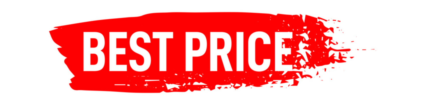 Red grunge brush stroke banner with best price typography isolated on white background. Modern distressed sale label design perfect for retail promotions, shopping campaigns, commercial branding