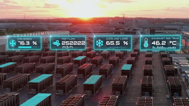 Animated readouts track fan speed, air flow, cooling load and exhaust air temperature above rows of rooftop condensers glowing red at sunset in Ashburn, Virginia. Aerial flyover shot