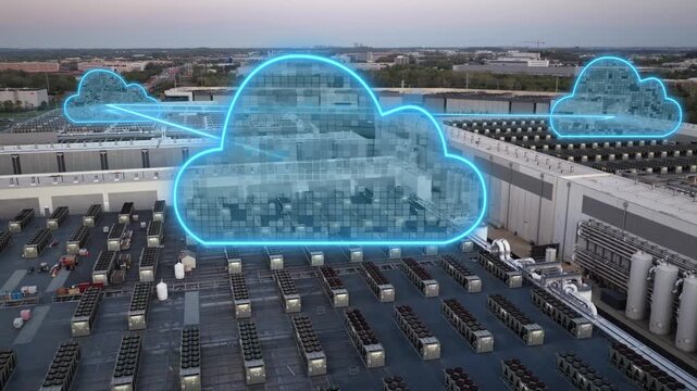 Glowing cloud icons built of stacked data blocks pulse above a data center campus at Ashburn, Virginia, light beams linking them over the rooftop cooling arrays. Aerial flyover shot