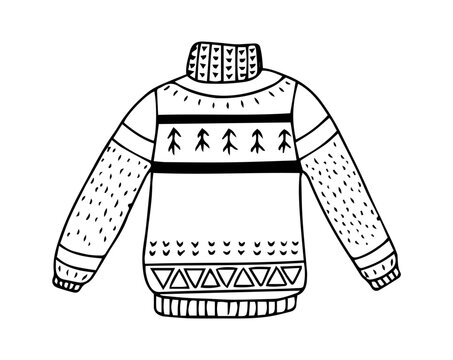 Hand drawn doodle set of ugly Christmas sweaters, pullovers, and jumpers in line art style, perfect for festive clothing design, holiday cards, and coloring books.