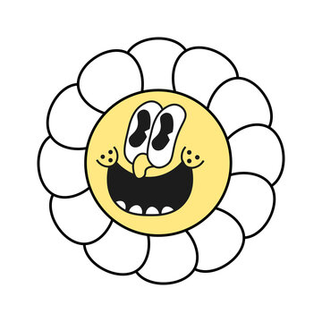 Funny doodle flowers with expressive cartoon faces. Hand drawn retro groovy mascot style floral characters, perfect for stickers, kids design, posters, apparel, and decorative prints.