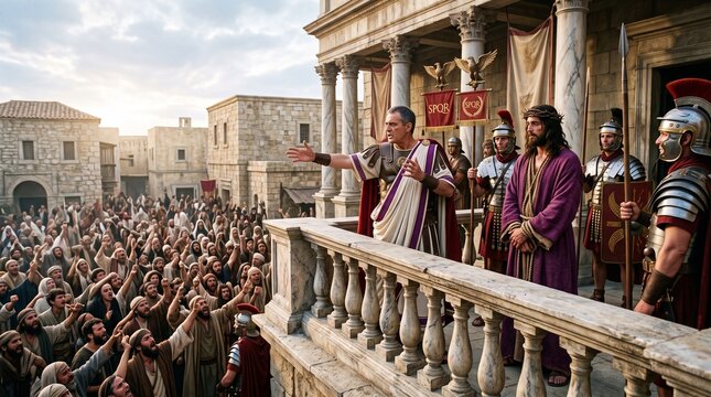 Pontius Pilate presents bound Jesus Christ crowned with thorns to the crowd during the Ecce Homo New Testament biblical scene.