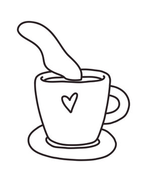 Cute doodle coffee mug with spoon and heart symbol in simple hand drawn outline style isolated on background. Cozy beverage illustration perfect for cafe branding, breakfast themes, kitchen decor