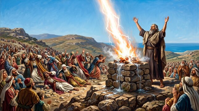 Prophet Elijah summons fire from heaven upon the drenched altar during Elijah and the prophets of Baal on Mount Carmel biblical scene.