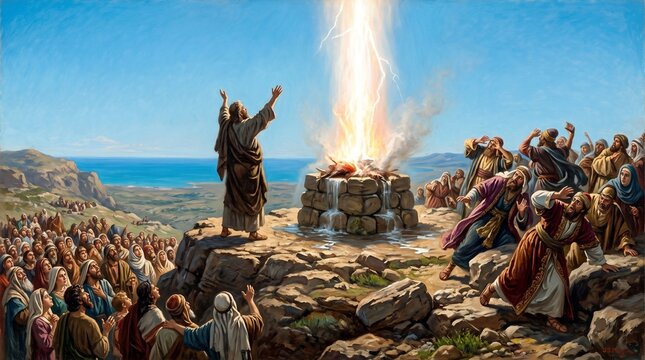 Prophet Elijah watches heavenly fire consume the drenched altar during Elijah on Mount Carmel Old Testament biblical scene.
