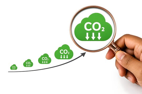 Hand holding magnifying glass examining growing green carbon dioxide emission reduction icon