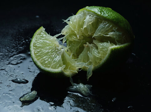 Squeezed lime slice with fresh green pulp on dark wet background