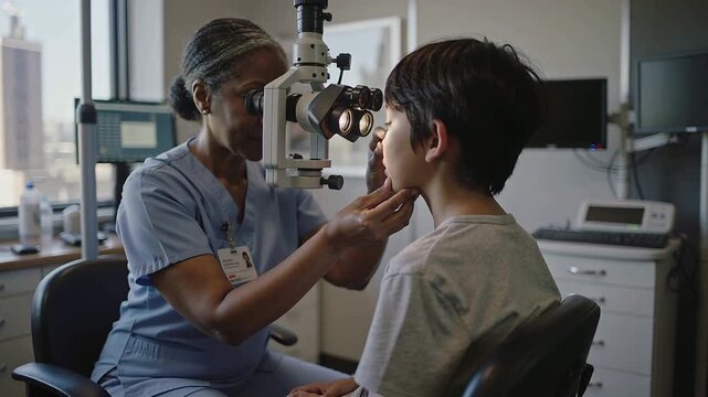 Moving slit-lamp arm, female clinician in scrubs examining child's eye in exam room for eye check