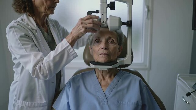 Bringing slitlamp tech in lab coat centering scope and focusing, testing eyes at chinrest in clinic