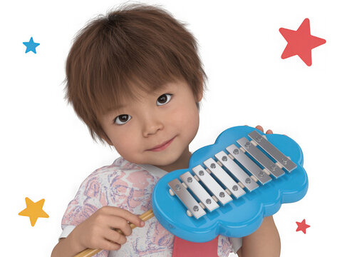Joyful young child holding a colorful toy xylophone amidst twinkling stars