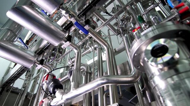 Modern industrial factory interior manufacturing plant with large stainless steel pipes mixing tanks and processing machinery, production line in food, dairy, or chemical plant engineering industry