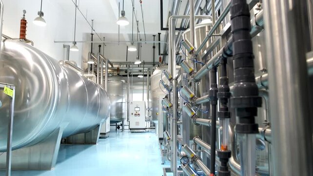 Sterile industrial factory interior manufacturing plant with large stainless steel pipes mixing tanks and processing machinery, production line in food, dairy, or chemical plant engineering industry