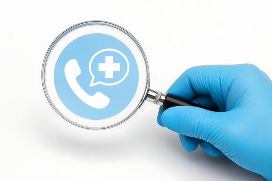 Gloved hand holding a magnifying glass over a medical emergency phone icon on white background
