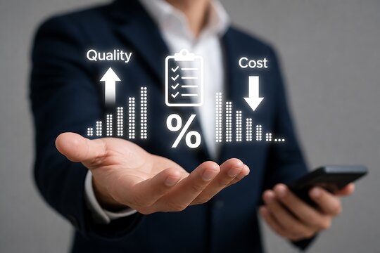 Businessman presenting quality increase and cost reduction charts using smartphone