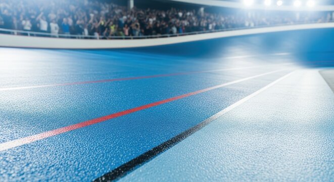 Close-Up View of Track Surface at Indoor Velodrome During Event