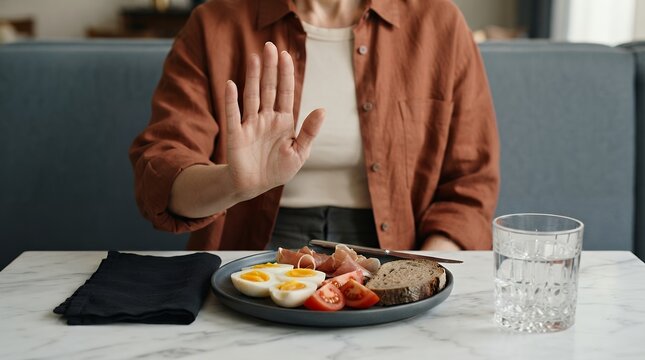 Intermittent fasting concept with woman making stop gesture to food, healthy breakfast plate with eggs and tomatoes, keto diet and weight loss concept