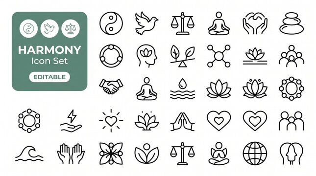 Harmony Icon Set with Balanced Life, Spiritual Peace, and Community Unity Symbols