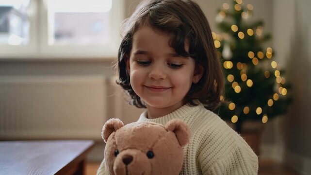 Smiling child in cream sweater showing teddy as camera moving closer at home with Christmas tree