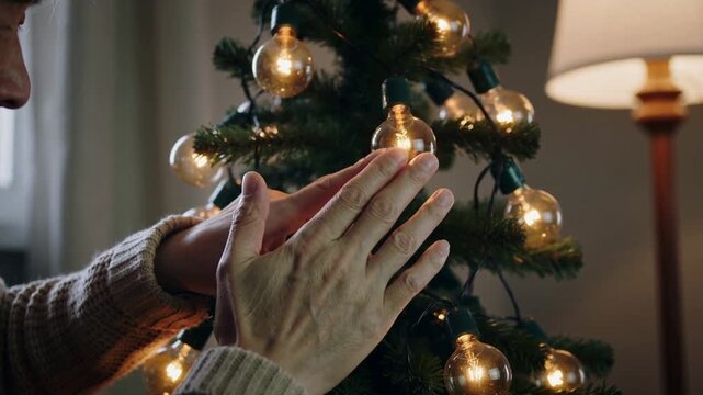 Reaching senior Asian man in beige sweater adjusting globe lights on table tree at home decorating