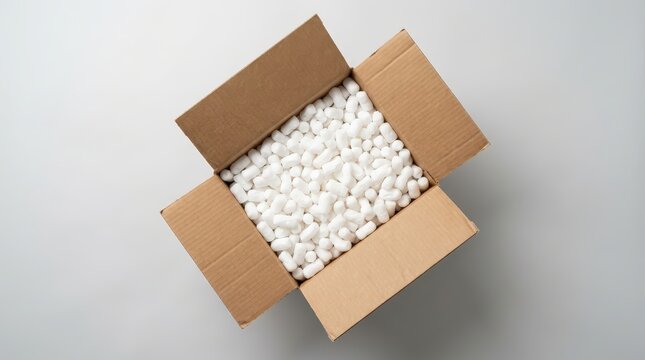 Brown cardboard shipping box filled with white polystyrene foam peanut packing filler for fragile parcel protection isolated on clean grey background.