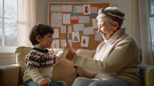 Reaching grandma in knit sweater holding tablet from child on sofa and sharing screen