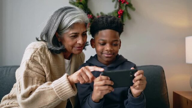 Leaning grandma wearing cardigan guiding grandson holding phone on sofa, pointing at screen