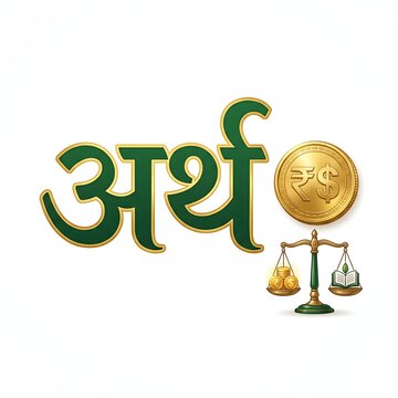 Arth text with scale of justice coins book and rupee symbol finance concept.
