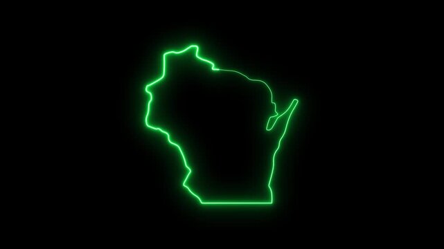 Glowing neon outline map of wisconsin state, green led light border on black background
