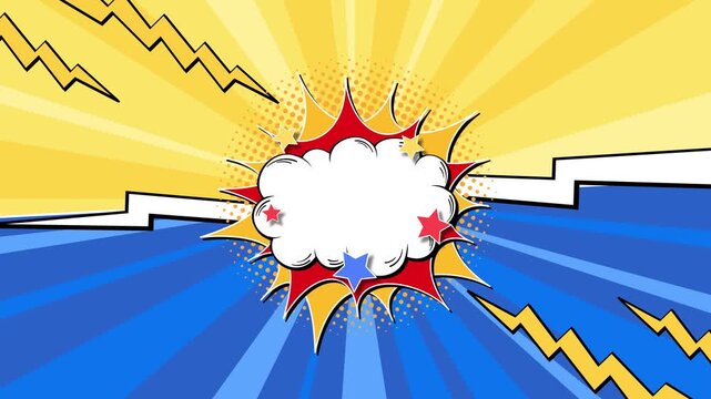 Animated comic book background with speech bubble and lightning bolts in pop art style.