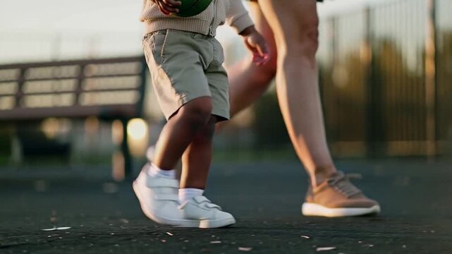 Stepping onto court child clutching green ball walking beside adult guiding in shorts tan shoes