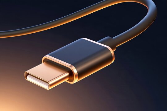 Close up of black usb c cable with gold connector against dark background, warm lighting highlights metallic finish and sleek design