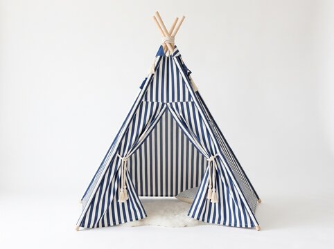 Blue And White Striped Kids Teepee Play Tent For Nursery