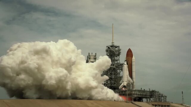 Space shuttle launch blasting off from the launchpad with smoke.