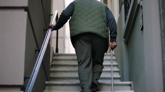 Lifting foot senior man ascending stairwell using cane and rail wearing quilted vest to reach top