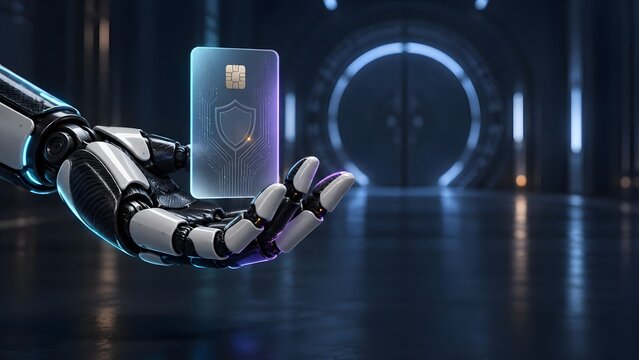 Robotic Hand Holding Transparent Microchip Smart Card with Glowing Circuit Shield for Fintech and Cyber Security