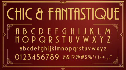 Vector Art Deco font alphabet set with chic golden letters. Decorative 1920s gatsby typeface with numbers, punctuation symbols and vintage ornate decorative border frame for logo design © Konstantin Sigaev