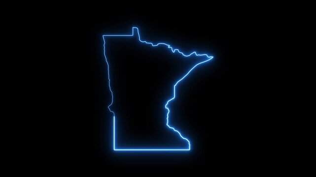 Minnesota state map outline with glowing neon blue light effect on black background, contour