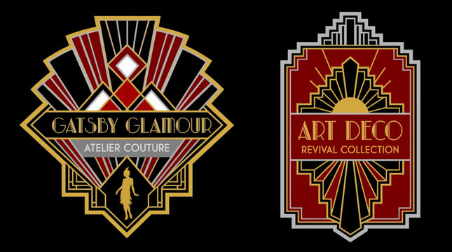 Vector Art Deco vintage emblem set. Elegant golden frame label with Gatsby style geometry, luxury graphic badge for luxury branding, retro patch design and decorative 1920s geometric logo element.
