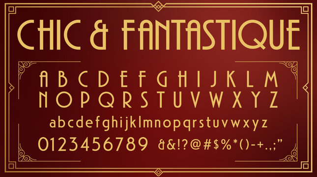 Vector Art Deco font alphabet set with chic golden letters. Decorative 1920s gatsby typeface with numbers, punctuation symbols and vintage ornate decorative border frame for logo design