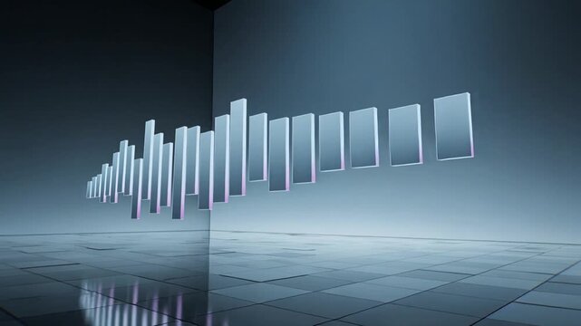 Panning camera from left showing glass panels rising and falling in waveform over glossy tiles