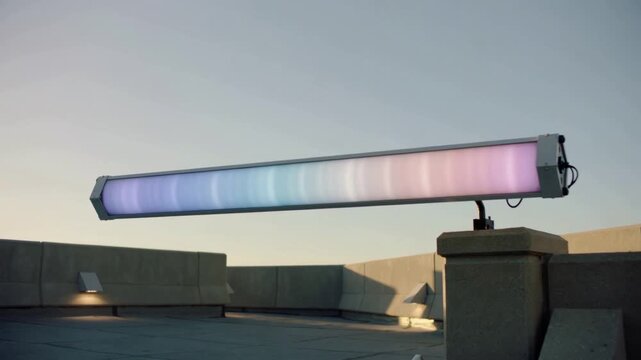 Cycling LED panel triggered by timer, changing gradient on rooftop dusk with metal arm and cable