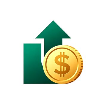 Gold coin with dollar sign and green upward arrow, symbolizing financial growth, profit, and rising value