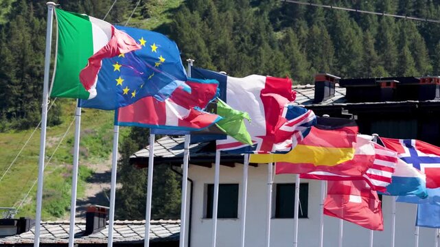 Row of colorful international flags fluttering in wind on sunny day with mountain forest background.