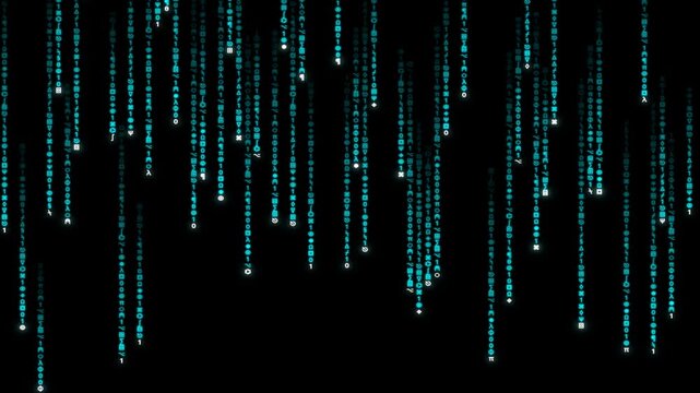 A high-resolution cinematic shot of a classic Matrix digital rain effect. Vertical streams of glowing neon green binary numbers (0 and 1) falling down across a pitch-black background. Some code lines 