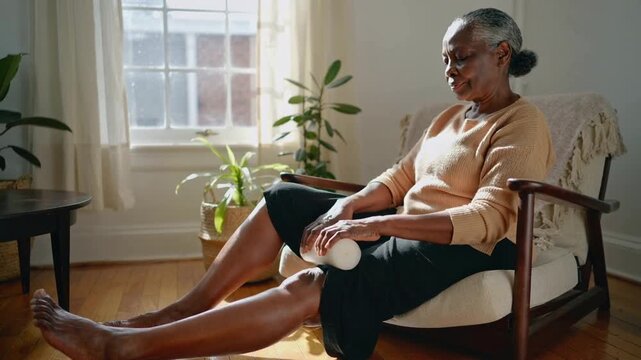 Reaching, woman with gray bun placing and rolling foam roller along calf for relief at home